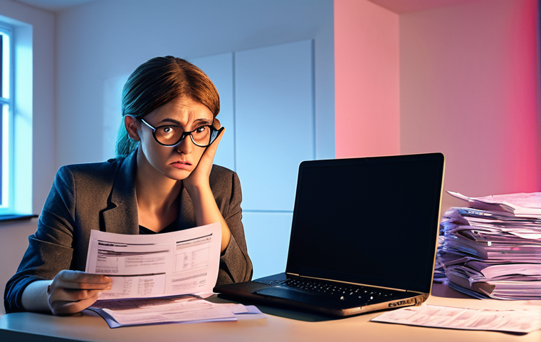 **Image Prompt:** Overwhelmed freelancer staring at complex German tax forms, a laptop with an online tax program open next to a concerned-looking accountant with piles of paperwork. The scene is lit with harsh fluorescent lighting, conveying stress and confusion.