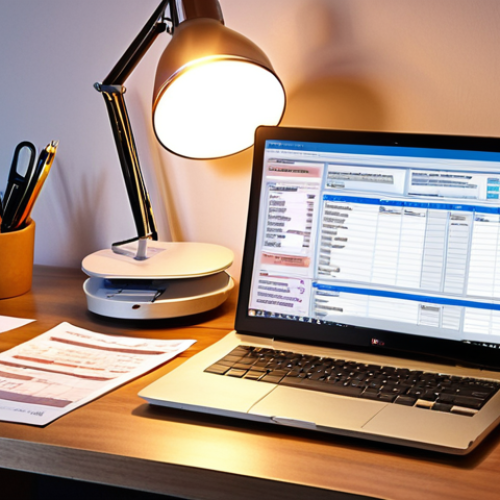 **A cluttered home office desk illuminated by a warm lamp, showcasing various receipts (Fahrtkosten, Arbeitsmittel, Spendenbescheinigung) and tax forms scattered around a laptop displaying the Elster online tax portal. Emphasize the feeling of organization amidst chaos, highlighting the potential for tax optimization.** *(Focus: Werbungskosten, Sonderausgaben, Homeoffice)*