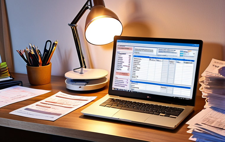 **A cluttered home office desk illuminated by a warm lamp, showcasing various receipts (Fahrtkosten, Arbeitsmittel, Spendenbescheinigung) and tax forms scattered around a laptop displaying the Elster online tax portal. Emphasize the feeling of organization amidst chaos, highlighting the potential for tax optimization.** *(Focus: Werbungskosten, Sonderausgaben, Homeoffice)*