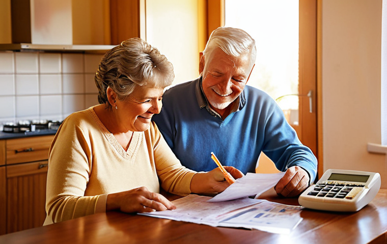 **

A senior couple happily reviewing their tax return documents at their kitchen table, illuminated by warm sunlight.  Show a calculator and some receipts spread across the table.  The overall feeling is one of financial security and peace of mind.  Focus on the concept of utilizing tax allowances (Freibeträge) and lump-sum deductions (Pauschalen) to reduce pension taxes.  Style: Realistic, warm colors, slightly soft focus.

**