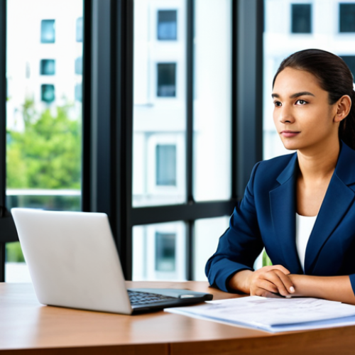 A professional, diverse businesswoman in a modest business suit, sitting comfortably at a sleek wooden desk in a bright, modern office. She is focused on financial documents and a laptop screen displaying a clean, professional graph related to tax management. The background is slightly blurred, showing a contemporary office interior with large windows and subtle greenery. Her pose is natural and attentive, reflecting a deep understanding of financial concepts. Fully clothed, appropriate attire, safe for work, perfect anatomy, correct proportions, natural pose, well-formed hands, proper finger count, natural body proportions, professional photography, high quality, family-friendly content.