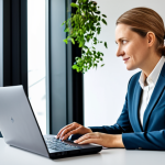 A professional German woman in her late 30s, dressed in a modest, contemporary business suit, is sitting at a sleek, minimalist desk. She is interacting with a laptop displaying a modern, user-friendly online tax portal for vehicle registration (like the German ELSTER portal for Kfz-Steuer). Through a large window behind her, a modern electric car is visibly parked with a charging cable, subtly implying its tax benefits. The setting is a bright, clean home office with soft, natural lighting. A small, eco-friendly plant is on the desk. professional photography, high resolution, cinematic lighting, vibrant colors, perfect anatomy, correct proportions, natural pose, well-formed hands, proper finger count, natural body proportions, safe for work, appropriate content, fully clothed, professional, modest attire.