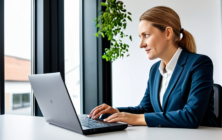 A professional German woman in her late 30s, dressed in a modest, contemporary business suit, is sitting at a sleek, minimalist desk. She is interacting with a laptop displaying a modern, user-friendly online tax portal for vehicle registration (like the German ELSTER portal for Kfz-Steuer). Through a large window behind her, a modern electric car is visibly parked with a charging cable, subtly implying its tax benefits. The setting is a bright, clean home office with soft, natural lighting. A small, eco-friendly plant is on the desk. professional photography, high resolution, cinematic lighting, vibrant colors, perfect anatomy, correct proportions, natural pose, well-formed hands, proper finger count, natural body proportions, safe for work, appropriate content, fully clothed, professional, modest attire.