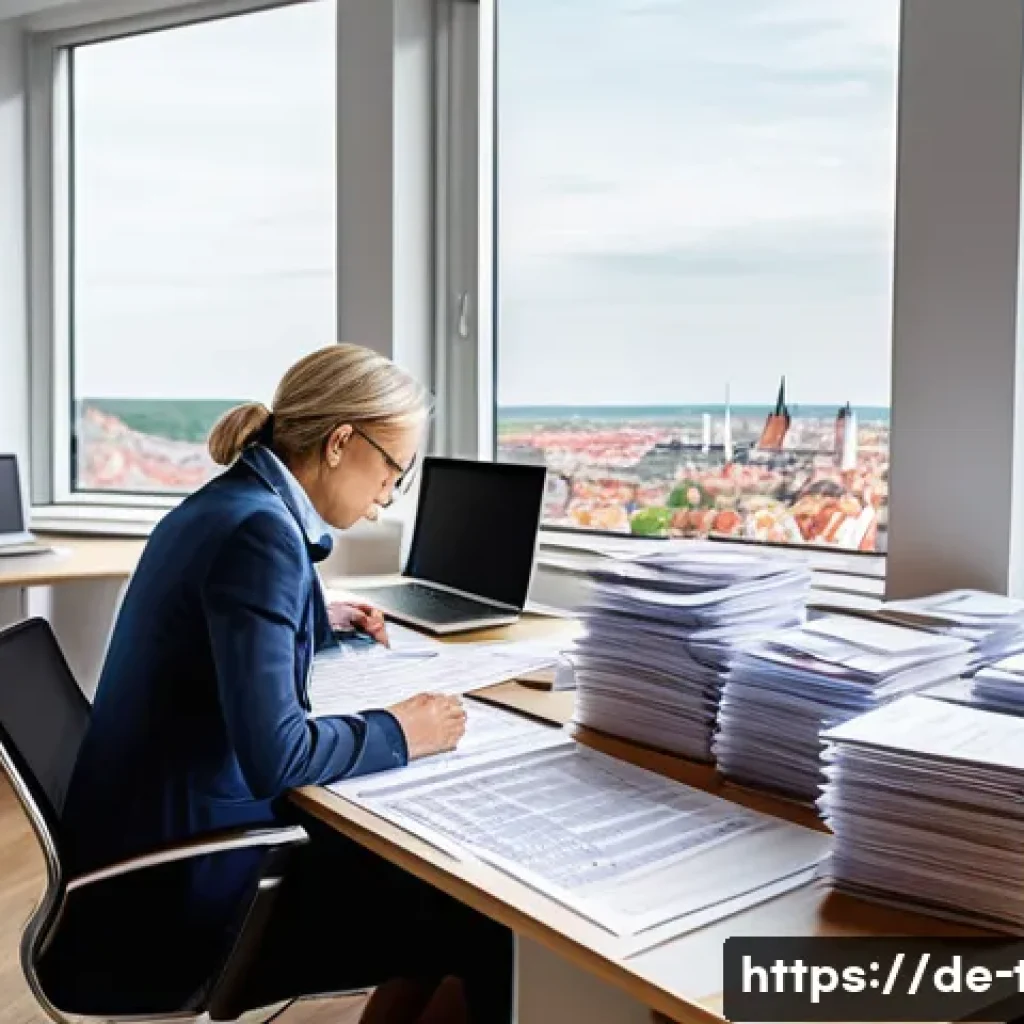 지방세 환급 신청 방법 - A detailed office scene in a modern German municipal tax office: a middle-aged person carefully exam...