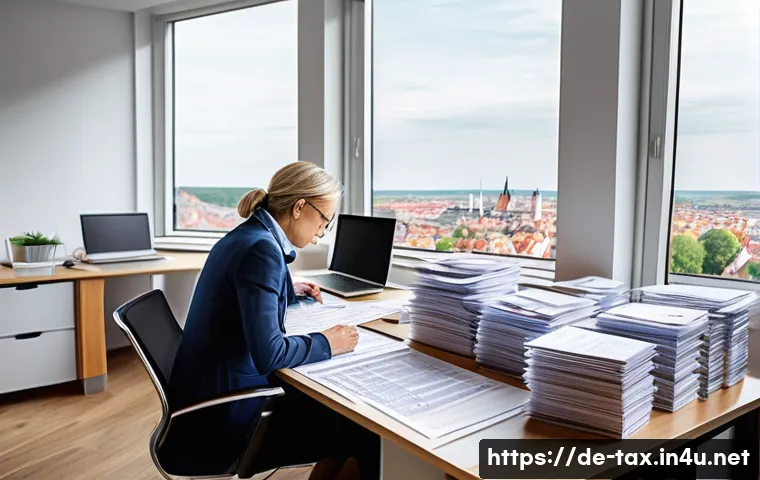 지방세 환급 신청 방법 - A detailed office scene in a modern German municipal tax office: a middle-aged person carefully exam...