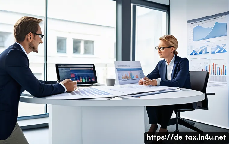 해외 주식 세금 신고 - A modern German tax advisor&rsquo;s office interior, focused on international stock dividends and taxation...