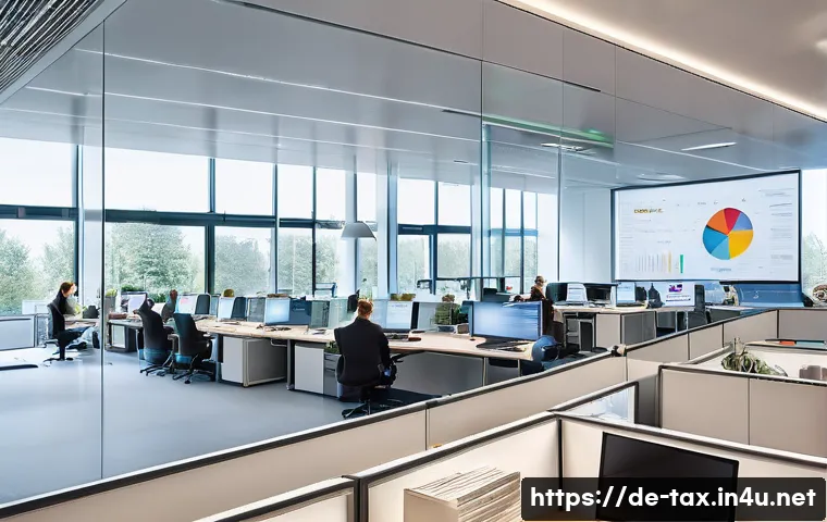 지방세와 국세의 차이 - A detailed, realistic office scene inside a German federal tax authority building, showing diverse e...