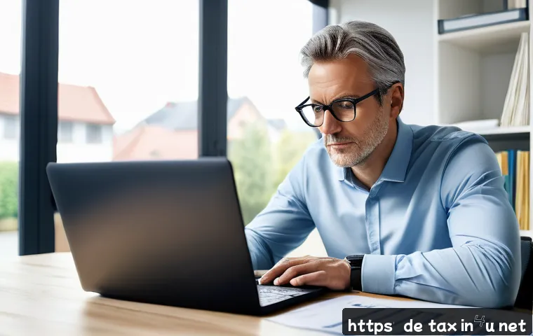 근로소득세 공제 항목 - A modern German home office scene showing a middle-aged professional working on a laptop at a tidy d...