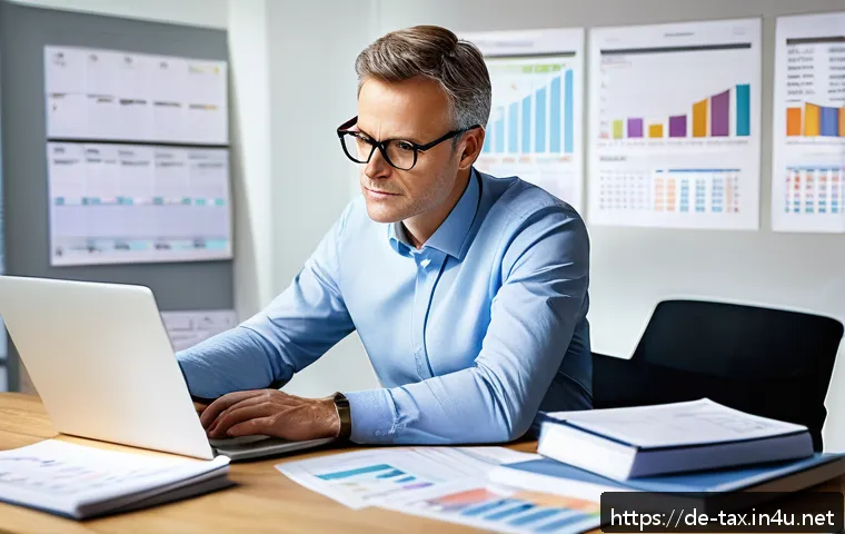 사업체 세무 관리 팁 - A modern German small business office scene showing a middle-aged male entrepreneur thoughtfully rev...